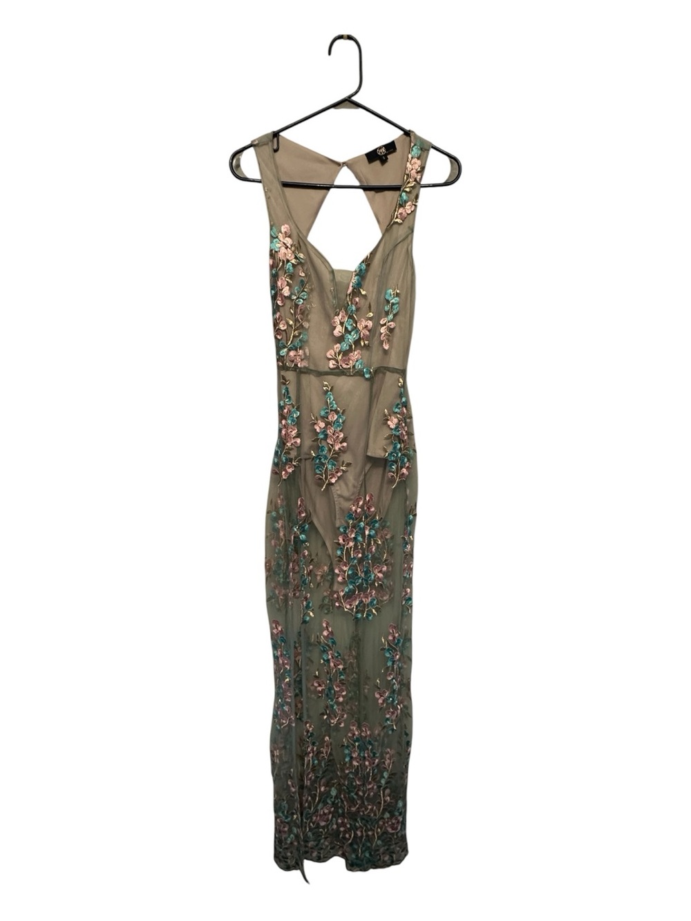 24K Label Sage Green Sheer Maxi Dress with Pink & Teal Floral Embroidery Small
